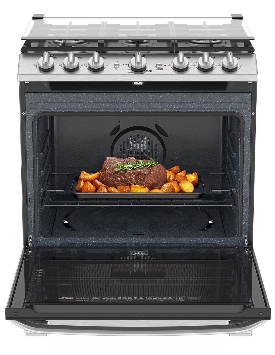 Combo estufa de piso a gas LP MABE Air Fry 75.8 cm EMHA7612DSSCM76SS de 6 quemadores + campana